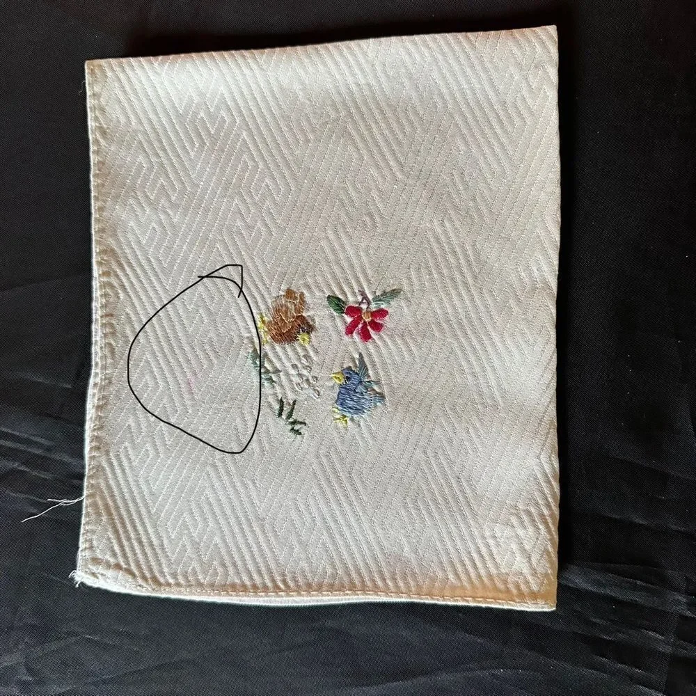 Vintage Bird Motif Embroidered Cream Silk Napkin